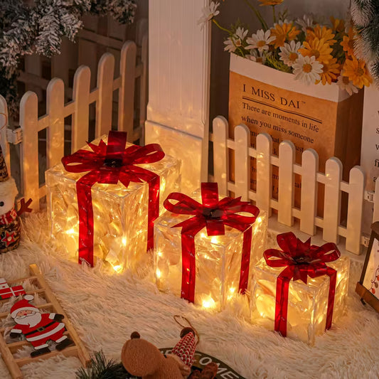 3-Piece LED Christmas Gift Box Set - Warm White Lights with Red Bow Decoration
